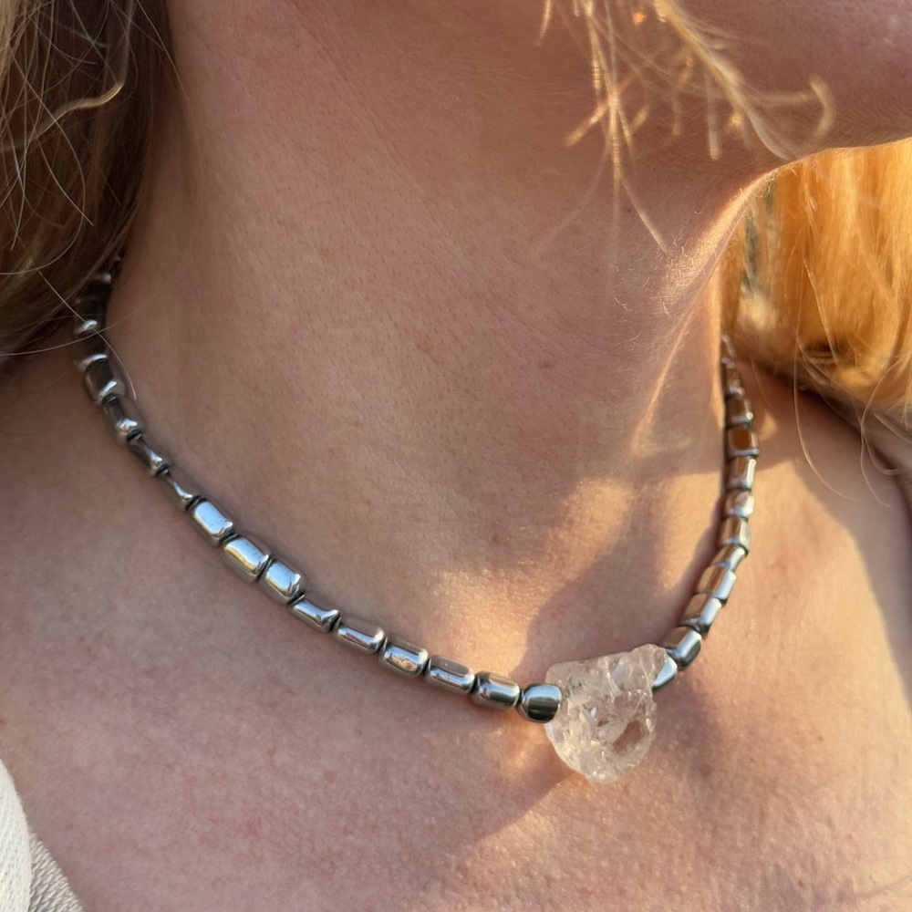 Raw Crystal & Silver Bead Necklace – Handmade